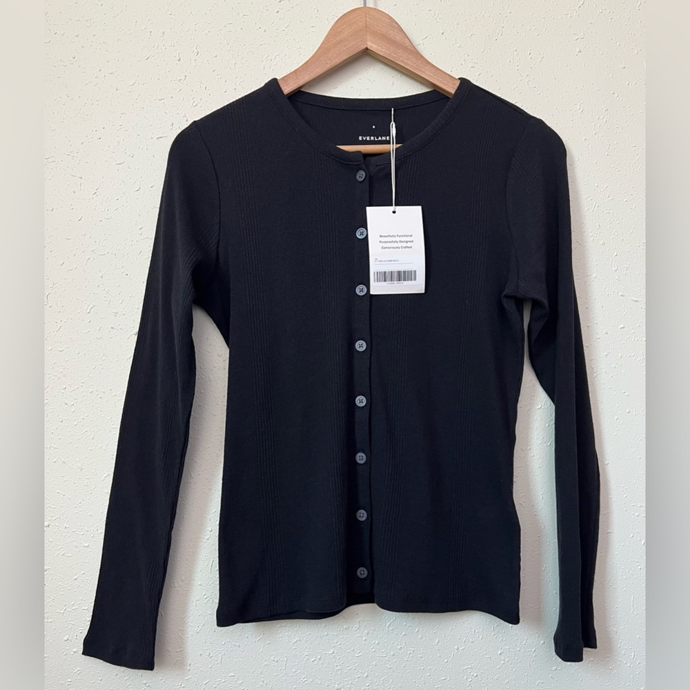 New Everlane Black Ribbed Button-Front Long Sleeve Cardigan in Black Size S